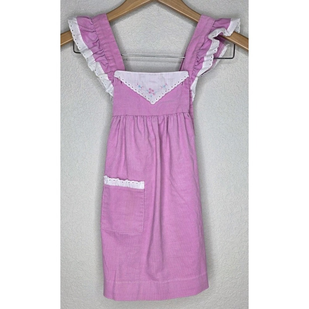 Vintage Healthtex Girl 5 Pink Corduroy Jumper Dress Lace Embroidered Cottage